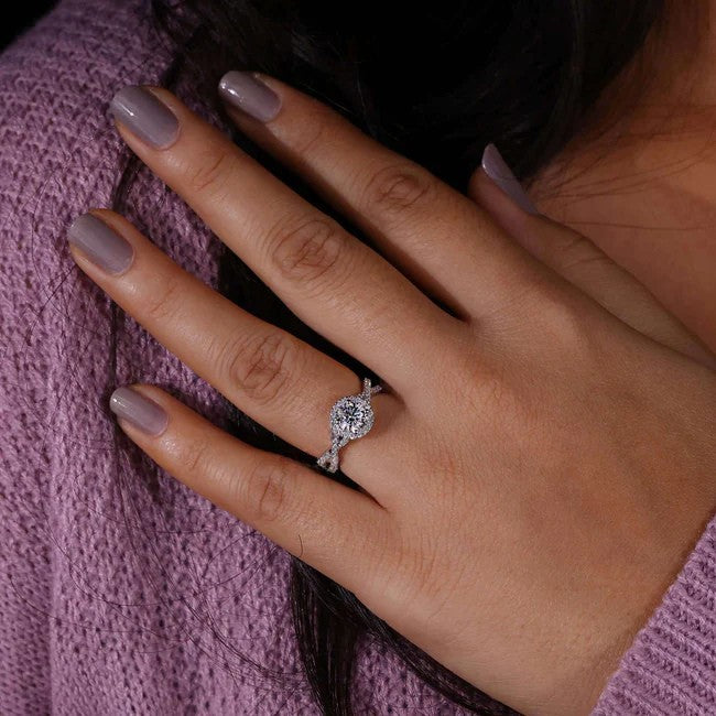 1ct Round-Cut Lab Diamond Engagement Ring with Twisted Pavé Band & Halo