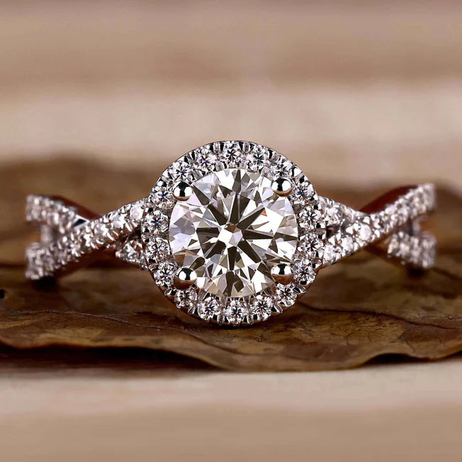 1ct Round-Cut Lab Diamond Engagement Ring with Twisted Pavé Band & Halo
