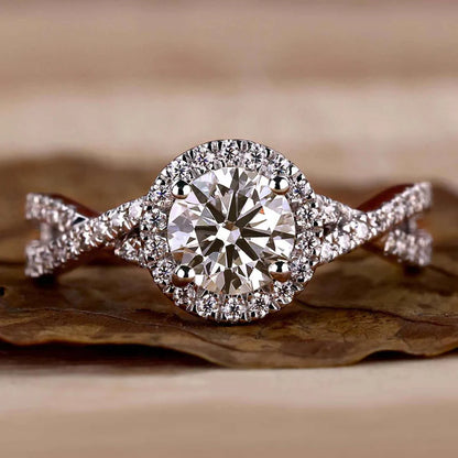 1ct Round-Cut Lab Diamond Engagement Ring with Twisted Pavé Band & Halo