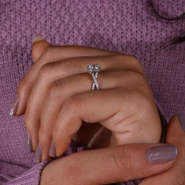 1ct Round-Cut Lab Diamond Engagement Ring with Twisted Pavé Band & Halo